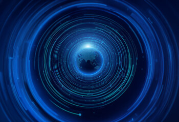 A glowing blue Earth sits within concentric rings of light, a futuristic depiction of global interconnectedness.
