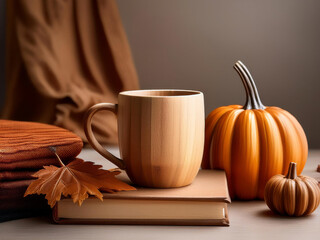 mug and pumpkin in autumn