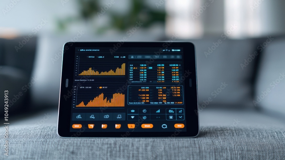 Poster close-up of a hand holding a smartphone displaying data analytics and graph charts, ideal for financ