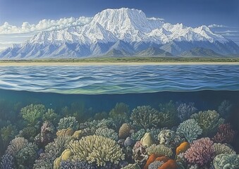 Stunning Underwater Coral Reef with Snowy Mountain Backdrop: Explore Vibrant Marine Ecosystem, Crystal Clear Ocean Waters, Scenic Nature, Tropical Coral Diversity