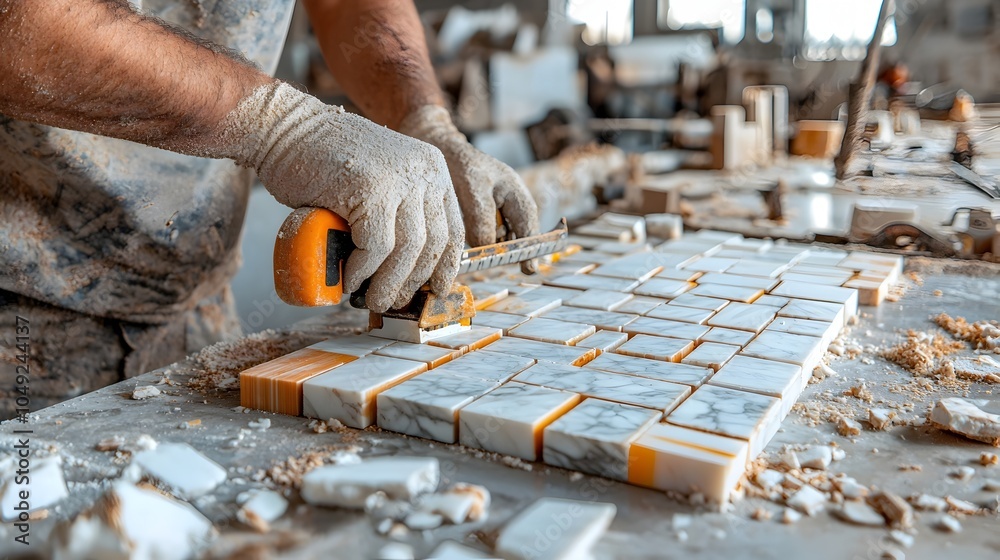 Poster Precisely Cut Marble Tiles for Home and Building Renovation Projects A Close Up View of the Cutting Process with Powerful Saws and Machinery