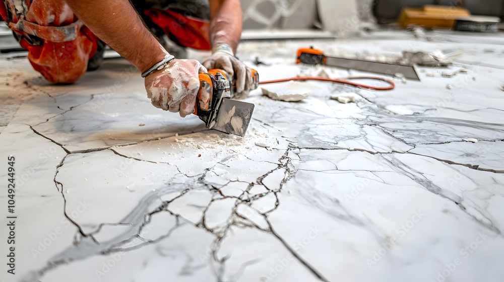 Poster precision marble tiles being cut with industrial grade saws in a construction or renovation setting 