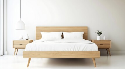 Modern minimalist bedroom design with wooden bedframe and white linens for calm and serene atmosphere : Generative AI