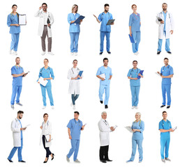 Obraz premium Different healthcare workers on white background, collage of photos