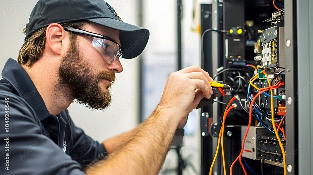 Aufkleber professional technician carefully setting up and configuring a high tech television on a sleek media
