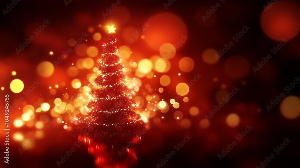 Aufkleber festive christmas tree sparkling with lights and bokeh in warm red hues : generative ai
