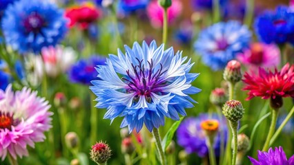 Obraz premium Cornflower with asymmetrical mix of colors in a garden bed