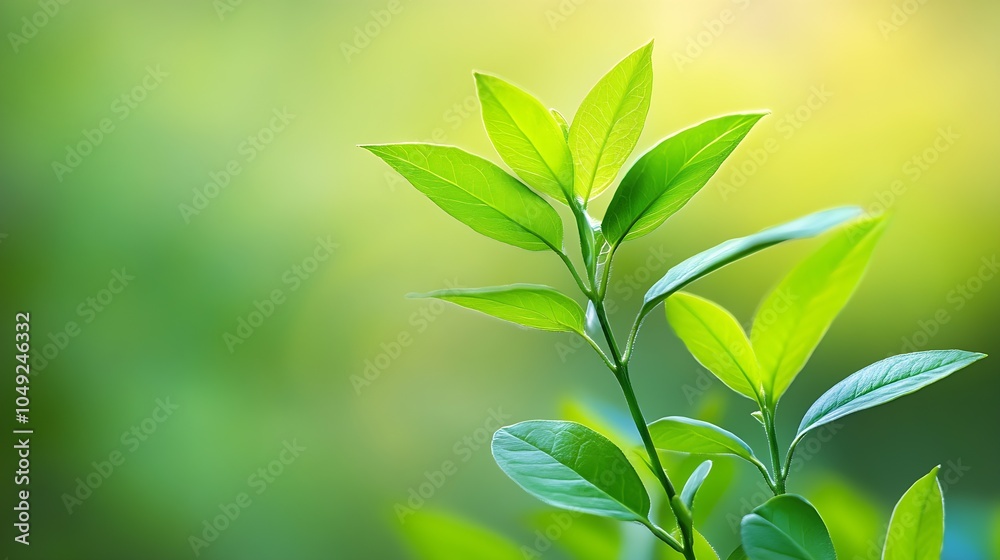 Poster closeup of fresh green leaves in focus with a soft natural blurred green background for a peaceful e