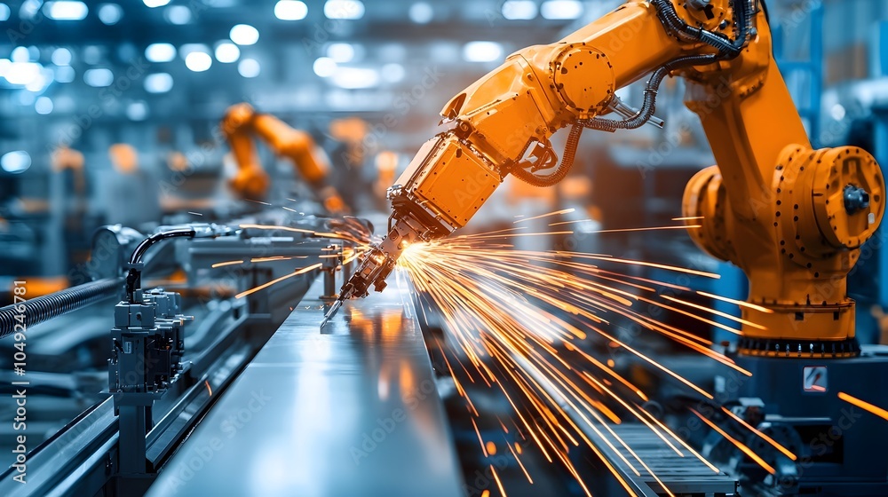 Leinwandbilder robotic arm efficiently placing metal sheets onto production line in automated industrial factory en