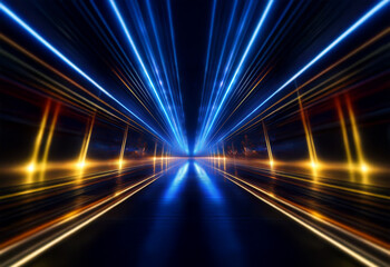 Fototapeta premium A long, dark, empty hallway is illuminated with streaks of blue and gold light.