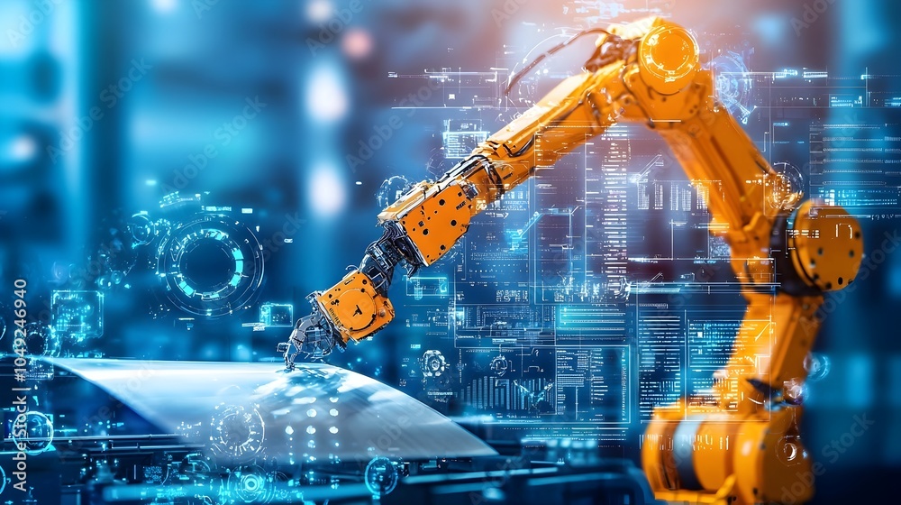 Fototapete Robotic Arm Seamlessly Arranging Metal Sheets onto an Efficient and Streamlined Automated Production Line in an Industrial Factory Setting