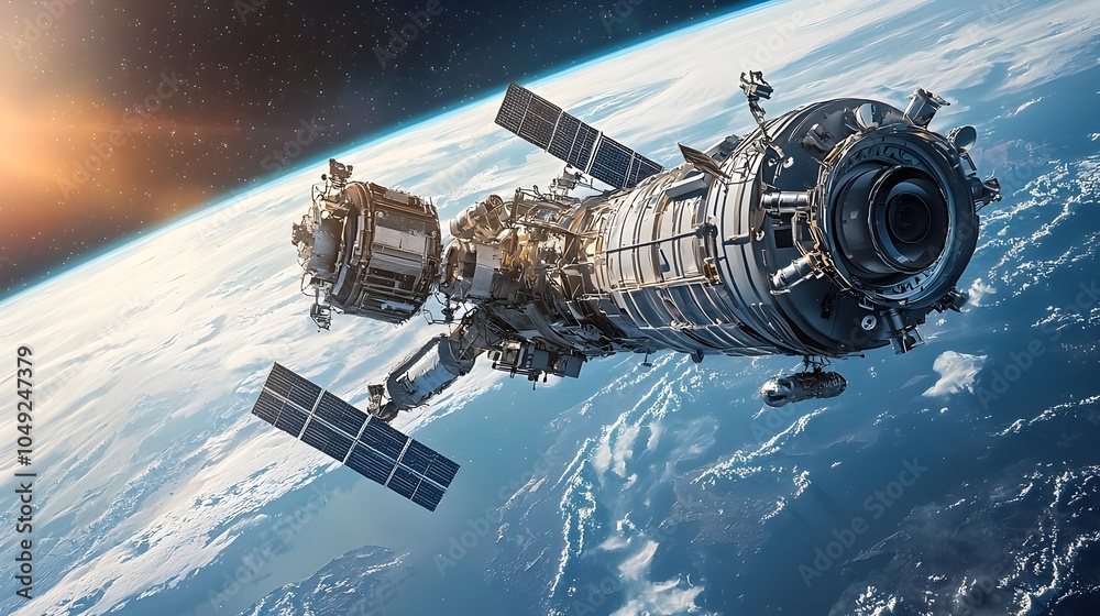 Fototapete robotic arms attached to a spacecraft gently collecting and retrieving old discarded satellite parts
