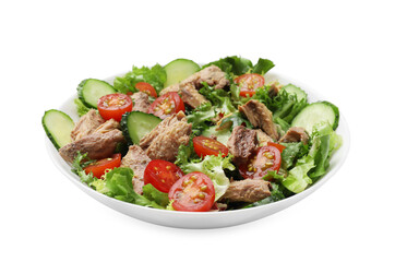 Delicious fresh tuna salad isolated on white