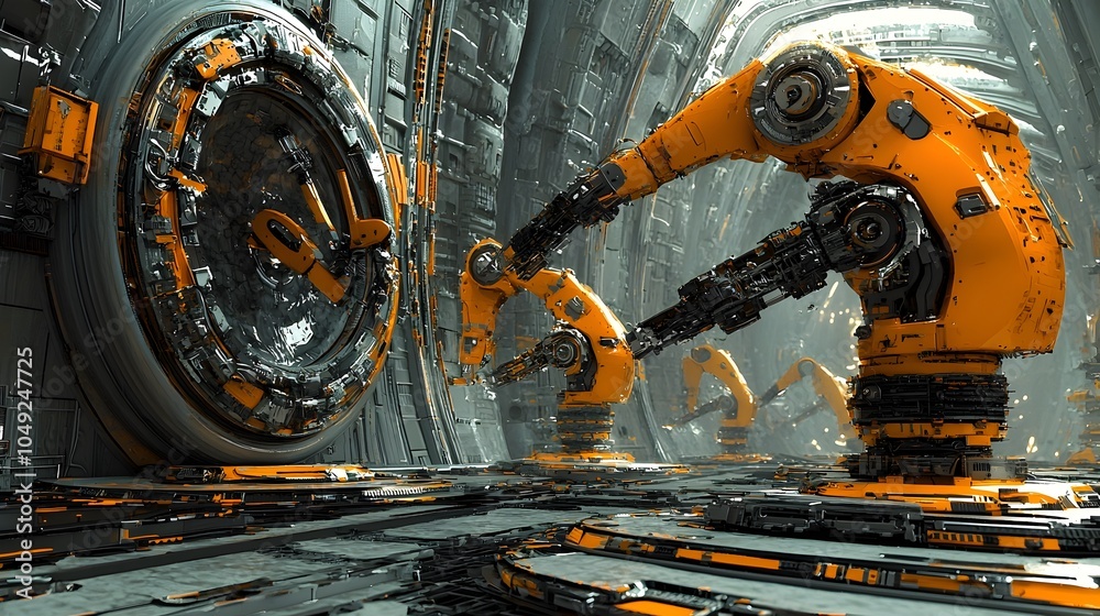 Leinwandbilder Robotic arms precisely and efficiently applying a smooth even glaze on ceramic tiles in a modern automated factory setting