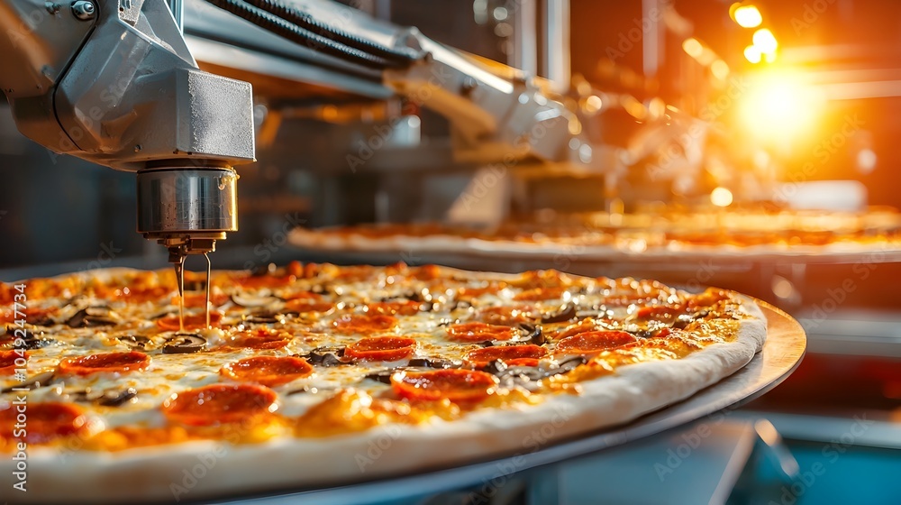 Fototapete robotic arms precisely and efficiently placing toppings on pizzas in a highly automated and futurist