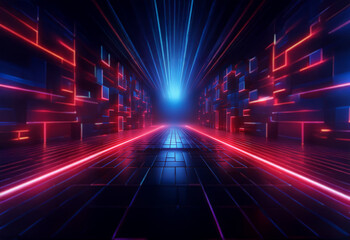 A glowing tunnel with red and blue neon lights. The tunnel appears to be made of square blocks and...