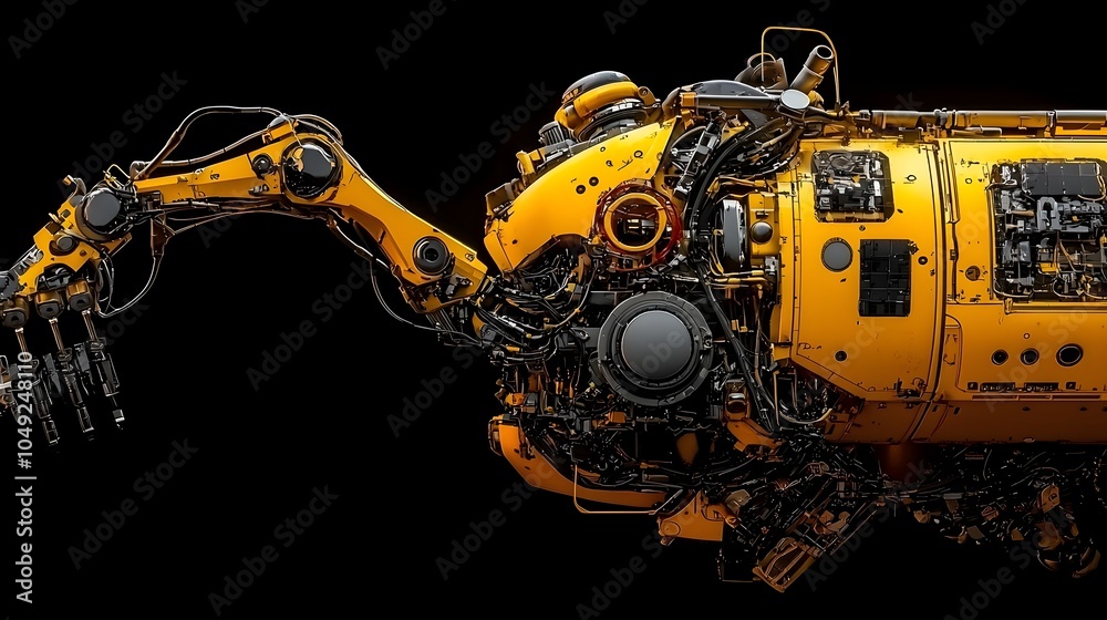 Poster Robotic manipulator arms on a spacecraft delicately collecting and sorting various old satellite parts and components for the purpose of recycling reusing