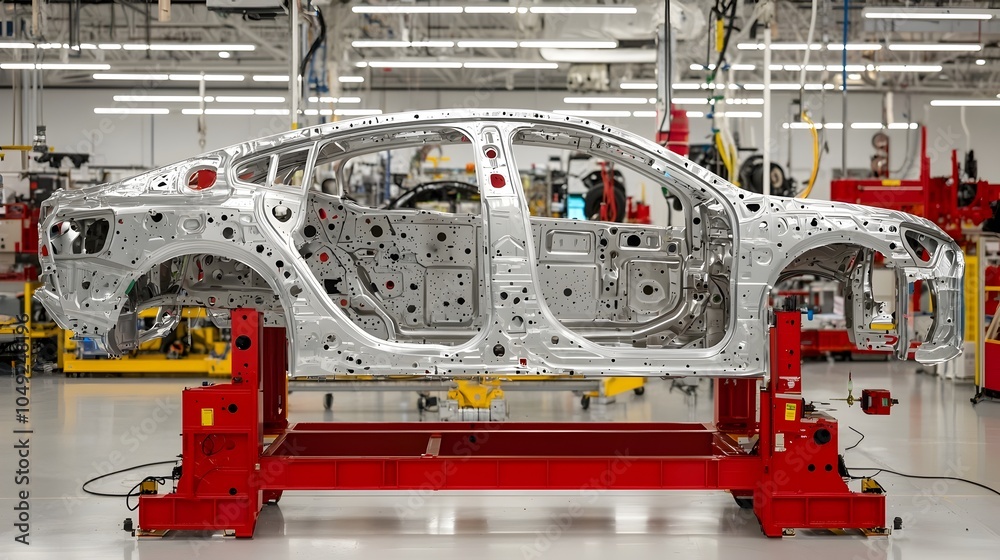 Fototapete robotic welders precisely assembling aluminum frames for automobiles in a high tech automated manufa