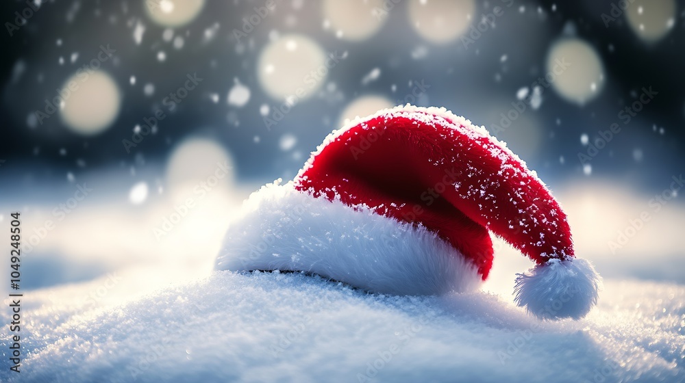 Poster Festive Christmas Santa Hat Resting on Snow with Sparkling Bokeh Background : Generative AI