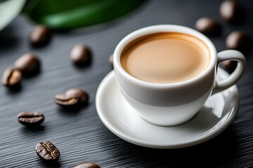 Fototapeta premium Sleek White Cup of Steaming Coffee and Scattered Coffee Beans : Generative AI