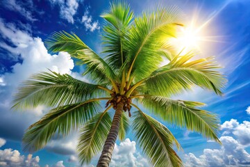 Fototapeta premium Asymmetrical tropical palm tree against the sky summer vacation and nature travel