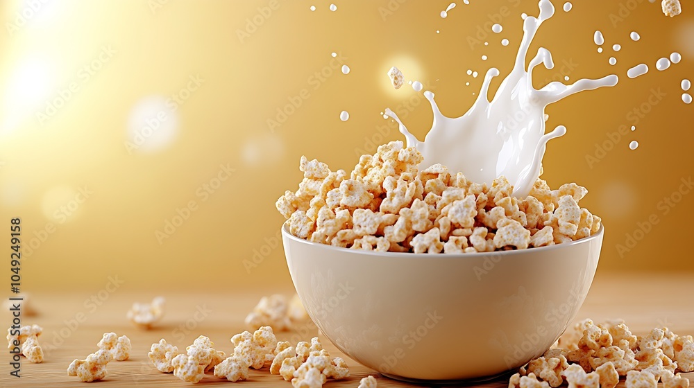 Poster splashing milk into bowl filled with fresh popcorn on golden background : generative ai