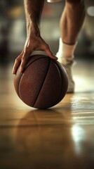 Naklejka premium A player\'s focused hand dribbles a basketball on a polished court during an intense game