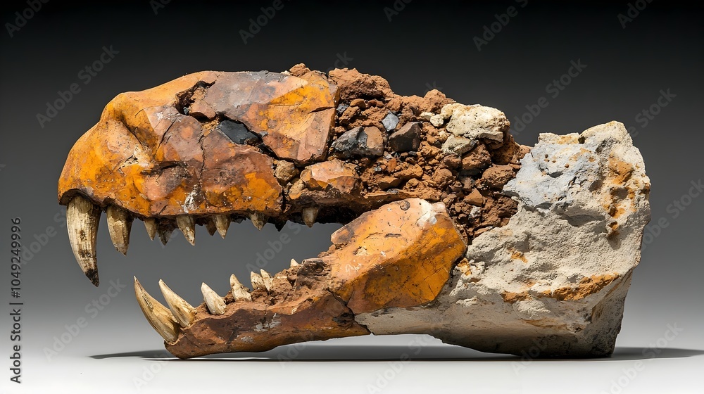 Aufkleber Saber Toothed Cat Fang Fossil Displayed From A Side Angle In Museum Setting Showcasing The Prehistoric Predator s Iconic Teeth As Part Of A Paleontological Exhibit