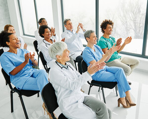seminar business meeting doctor conference audience presentation education lecture hospital event training clapping applauding happy smiling group convention congress speech student