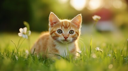Adventurous ginger kitten explores bright grassy field during sunlit springtime afternoon adventure : Generative AI