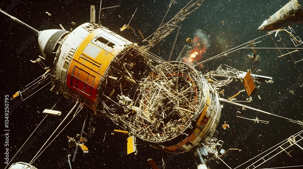 Poster Scattered fragments and broken pieces of an exploded satellite drifting and orbiting in the vast expanse of space