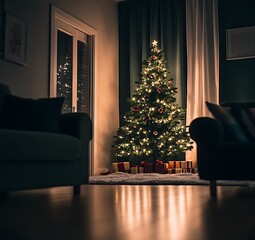 Cozy Living Room with Illuminated Christmas Tree and Gifts for Warm Holiday Ambiance : Generative AI