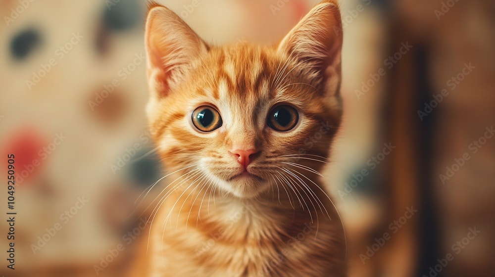 Poster adorable ginger kitten with wide eyes and warm fuzzy background : generative ai