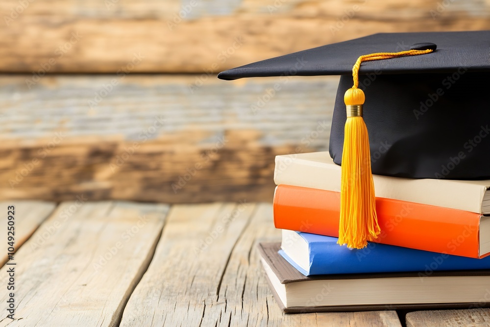 Poster graduation cap resting on stack of colorful academic books on rustic wooden table indoor education s