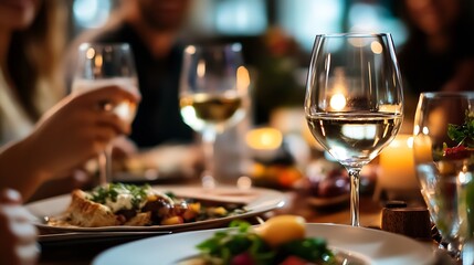 Obraz premium Elegant Fine Dining with White Wine Glasses and Luxurious Table Setting at Night : Generative AI