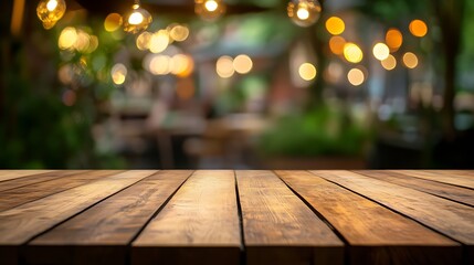 Rustic Wooden Table in Cozy Outdoor Cafe with Warm Glowing Light Ambiance : Generative AI
