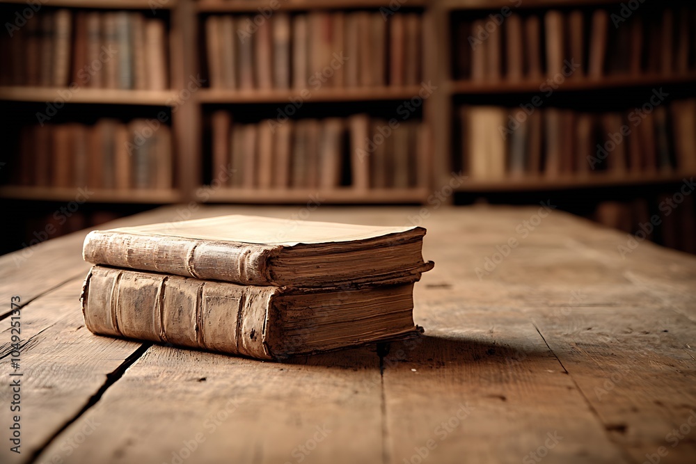 Poster vintage leather bound books stacked on wooden table in ancient library setting for historical study 