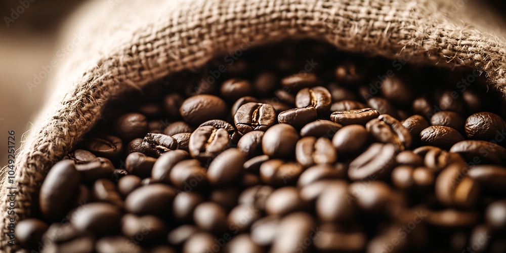 Poster rustic burlap sack overflowing with rich aromatic coffee beans in closeup : generative ai