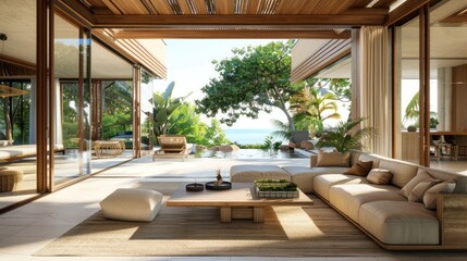 Obraz premium Modern Living Room with Ocean View and Tropical Plants