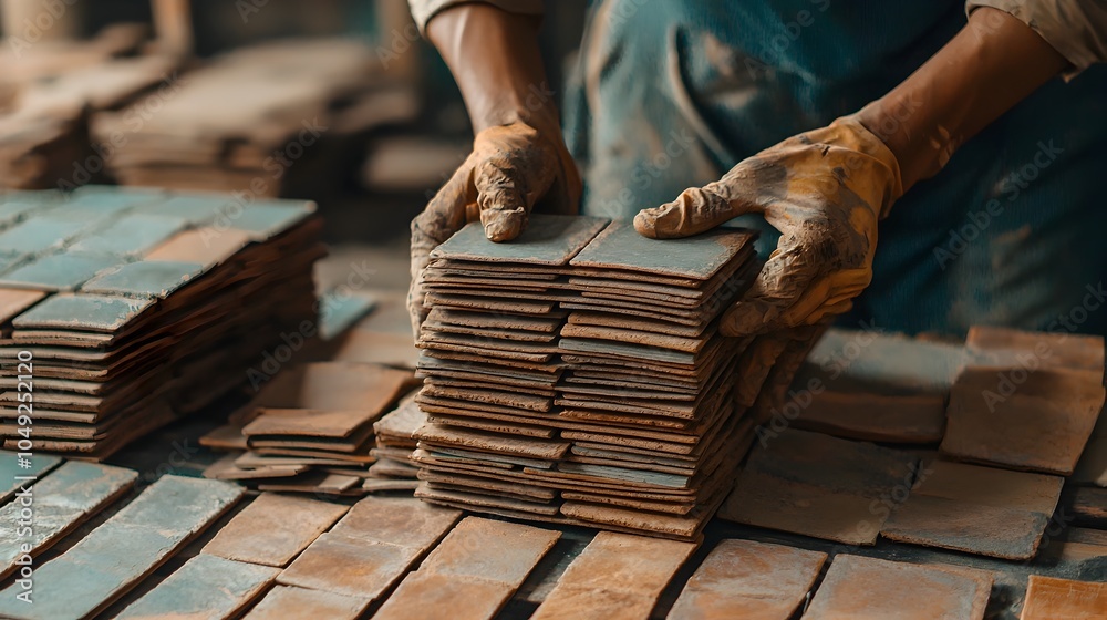 Poster Skilled construction workers meticulously arrange and stack various tiles in a neat organized pattern for an upcoming home renovation project