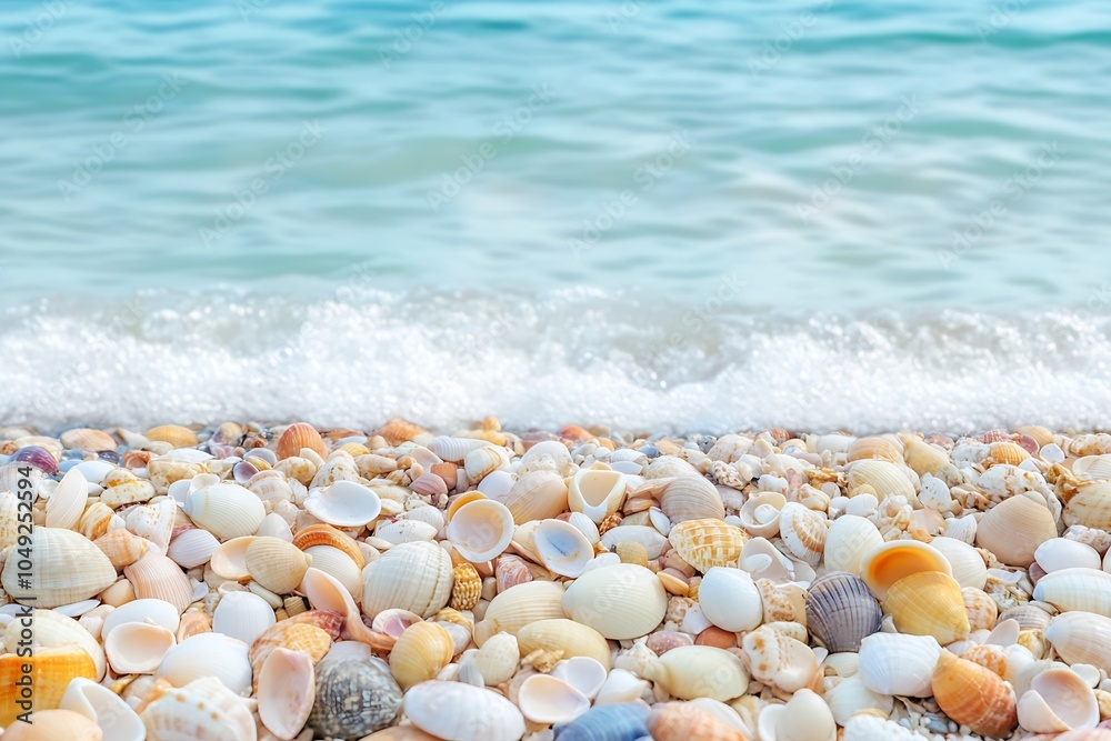 Poster Seashell Covered Beach with Gentle Waves Creating a Tranquil Coastal Scene : Generative AI