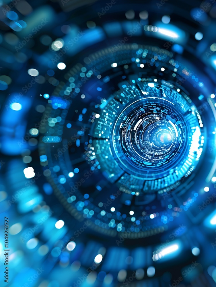 Poster Futuristic Digital Blue Abstract Tunnel with Circuitry Elements for Technology Background : Generative AI