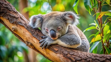 Fototapeta premium Koala napping in tree, holding trunk