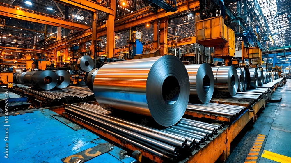 Fototapete smooth movement of metal sheets along conveyor belt in efficient automated factory production line