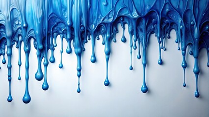 An elegant display of blue liquid slowly dripping onto a bright white canvas, forming intricate shapes and patterns that evoke a sense of peace, blue, visual elegance,