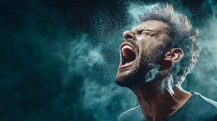 Sneeze Captured Mid Air with Airborne Droplets Dispersed Around in a Cloud Like Formation  Illustrates the Rapid Aerosolization and Dispersion of Respiratory Fluids During a Sneeze