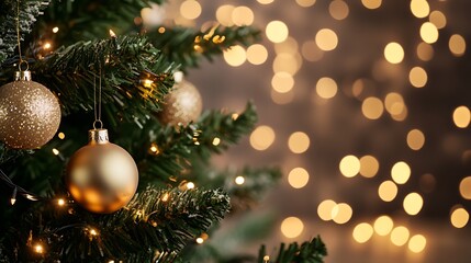 Obraz premium Golden Baubles and Warm Bokeh Lights on Christmas Tree for a Cozy Holiday Vibe : Generative AI