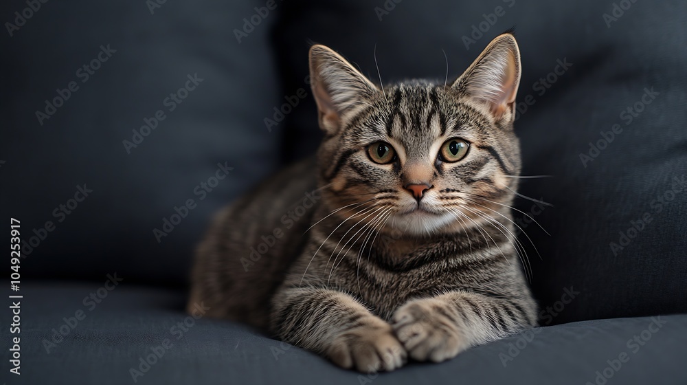 Poster charming domestic tabby cat relaxing on dark comfortable sofa : generative ai