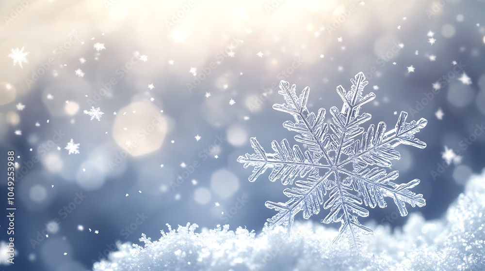 Poster Closeup of Frosty Snowflake Against Blurred Snowy Background with Glowing Bokeh Light Effects : Generative AI