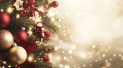 Obraz premium Festive Gold and Red Christmas Tree Decorations with Sparkling Lights and Warm Holiday Glow : Generative AI